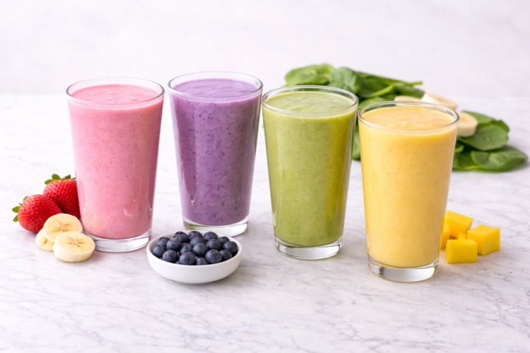 colorful greek yogurt smoothies on a marble counterop