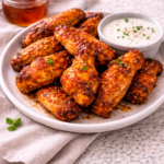 plate of hot honey buffalo wings with ranch and extra sauce