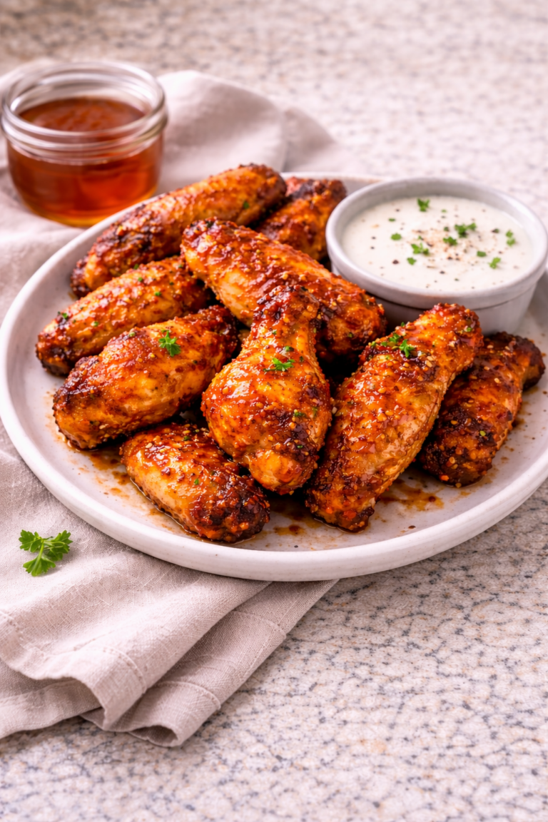plate of hot honey buffalo wings with ranch and extra sauce