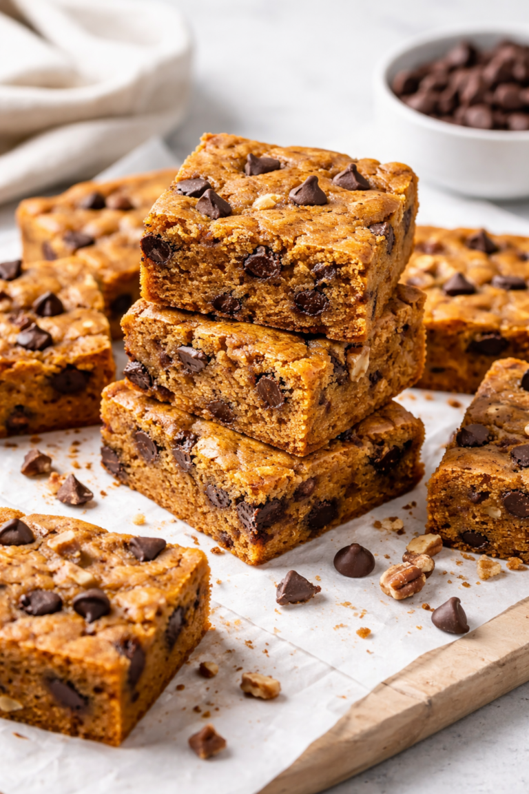 stack of delicious sweet potato bars with chocolate chips.