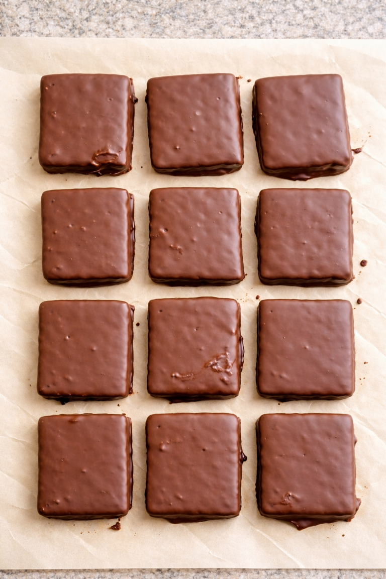 thin mints (chocolate and peppermint coated chocolate gram crackers) on a sheet of parchment paper