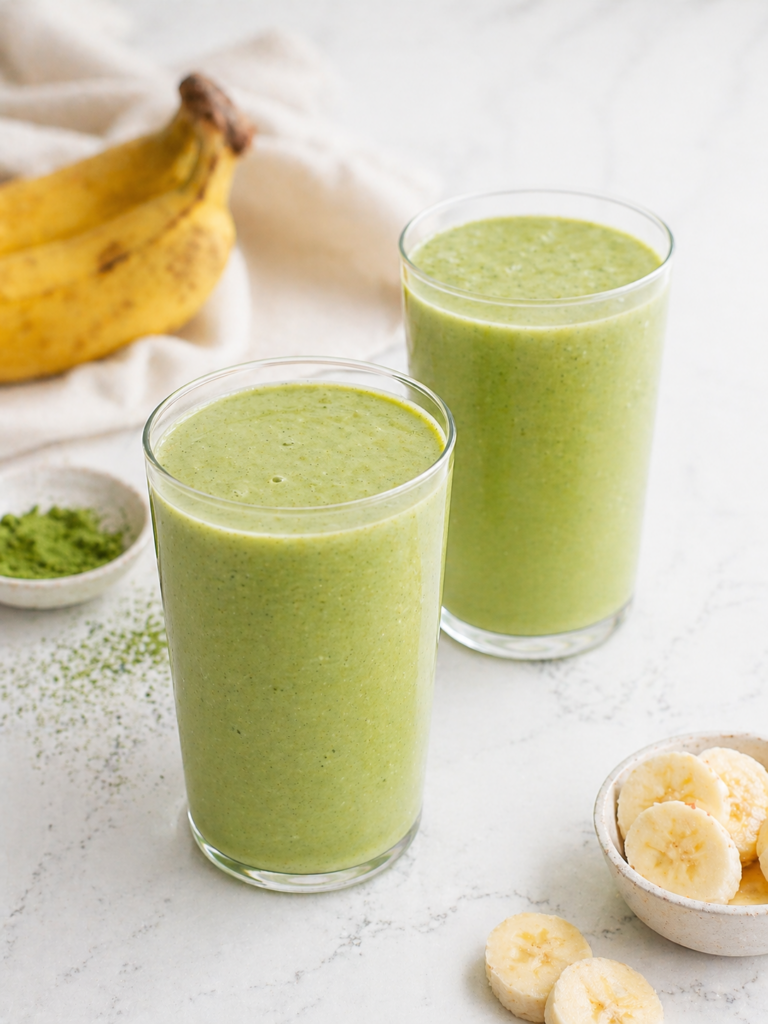 two glasses of matcha smoothie with banana and match powder on marble countertop