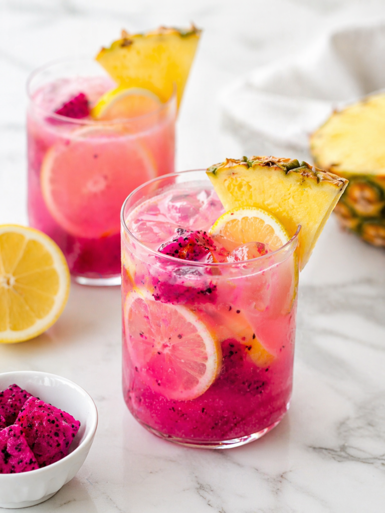 Pink pineapple dragon fruit lemonade with fresh lemon slices, dragon fruit pieces, ice, and pineapple wedges.