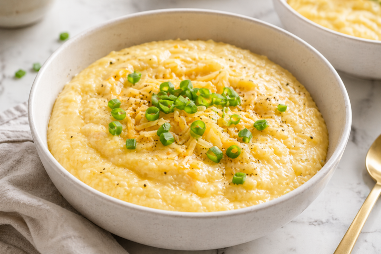 Slow cooker cheesy grits in a bowl topped with shredded cheese and green onions