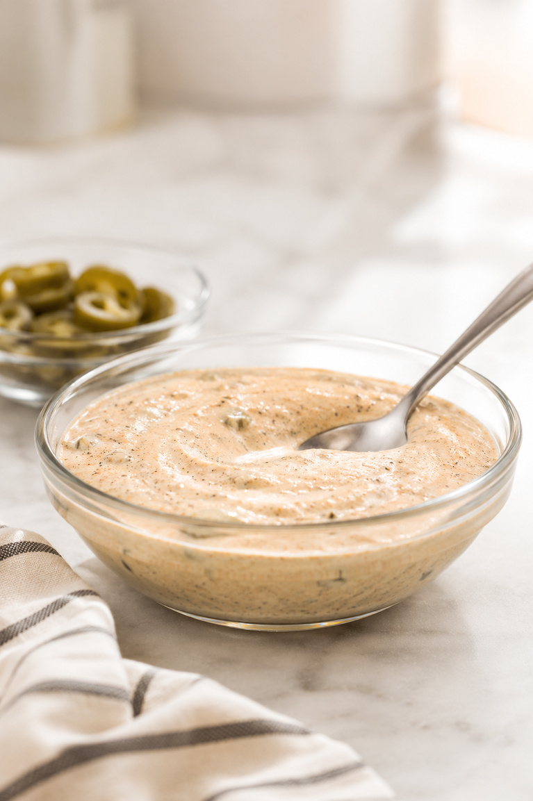 Taco Bell quesadilla sauce copycat in a clear glass bowl with creamy jalapeño sauce and visible spices