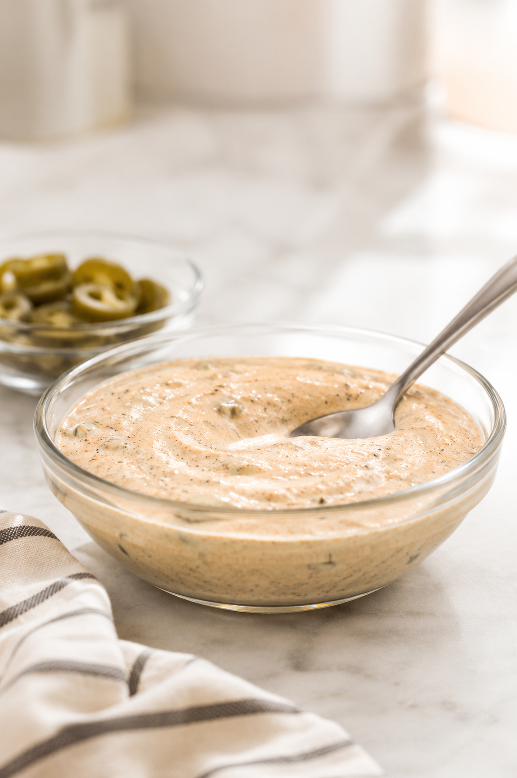 Taco Bell quesadilla sauce copycat in a clear glass bowl with creamy jalapeño sauce and visible spices