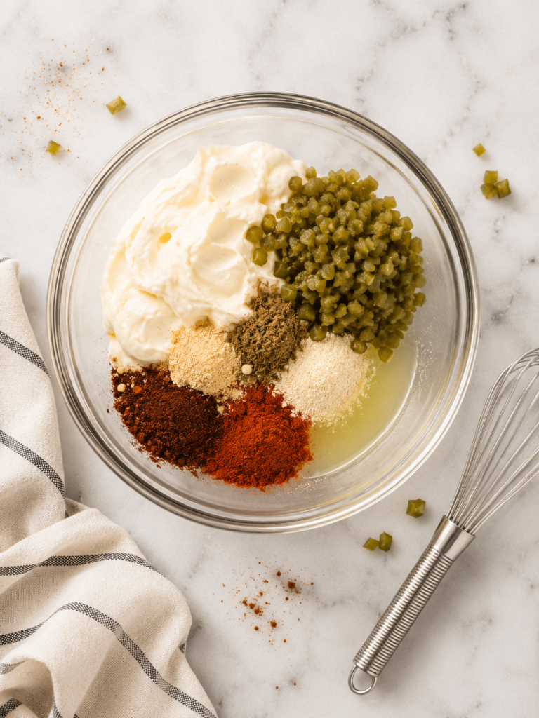 Taco Bell quesadilla sauce ingredients with mayonnaise, minced pickled jalapeños, jalapeño brine, cumin, paprika, chili powder, garlic powder, and onion powder