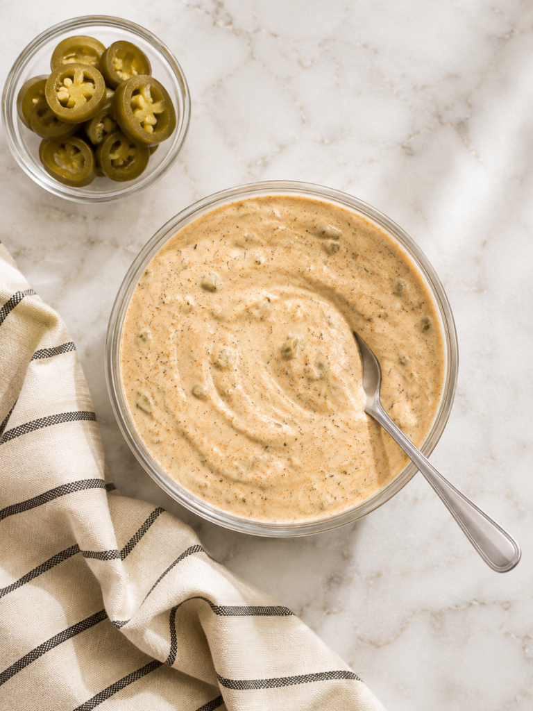 Overhead view of homemade Taco Bell quesadilla sauce with pickled jalapeños and creamy jalapeño sauce