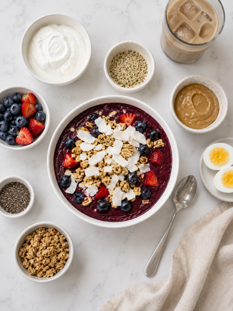 Acai bowl with mix-ins like berries, yogurt, peanut butter, hemp hearts, chia seeds, granola, eggs, and iced coffee as part of a balanced breakfast