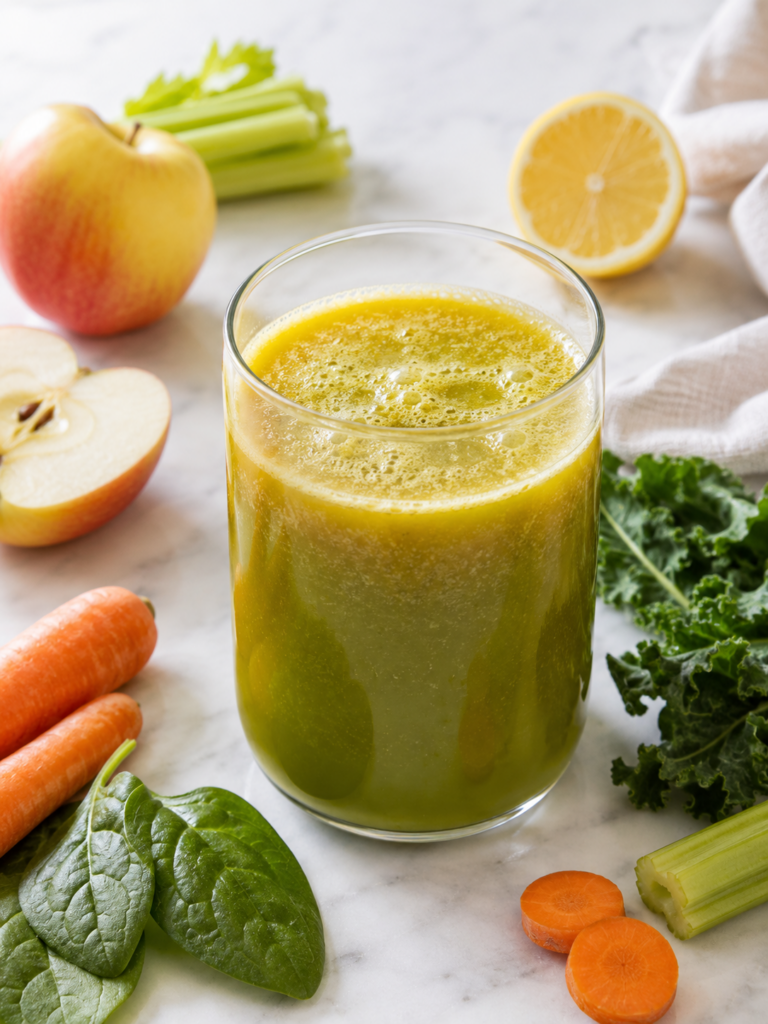 fresh apple carrot green juice with apples, lemon, carrots, kale, spinach, and celery on marble countertop