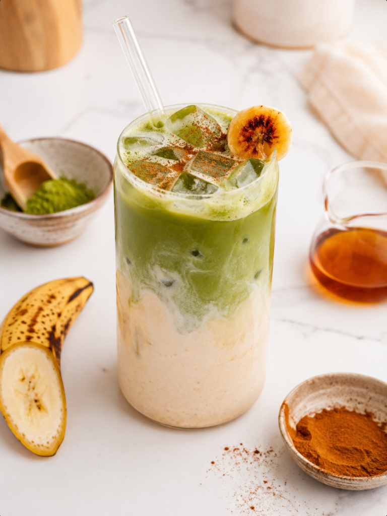 Iced banana bread matcha latte with creamy banana milk, matcha, cinnamon, and banana garnish in a clear glass.