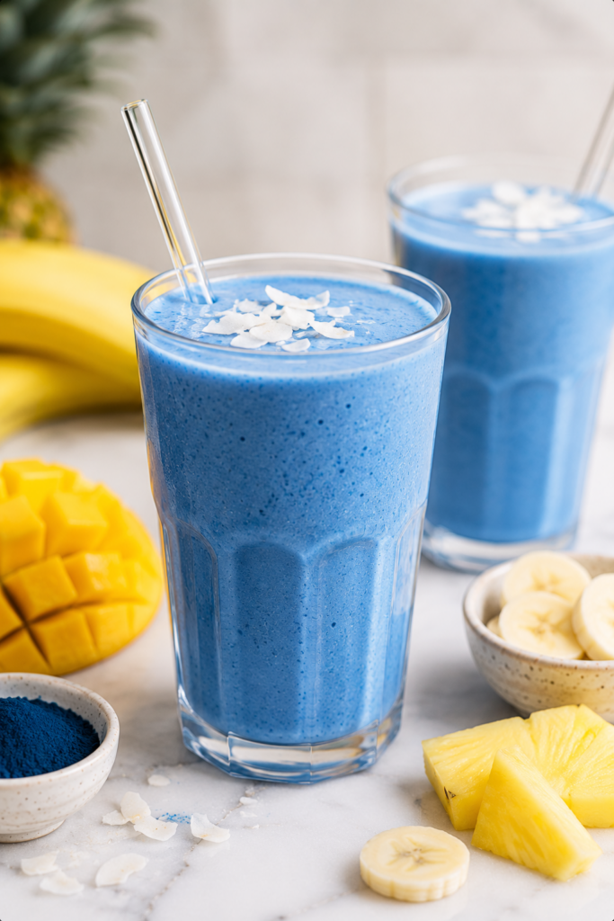 Bright blue spirulina smoothies in clear glasses with tropical fruit on a light marble countertop