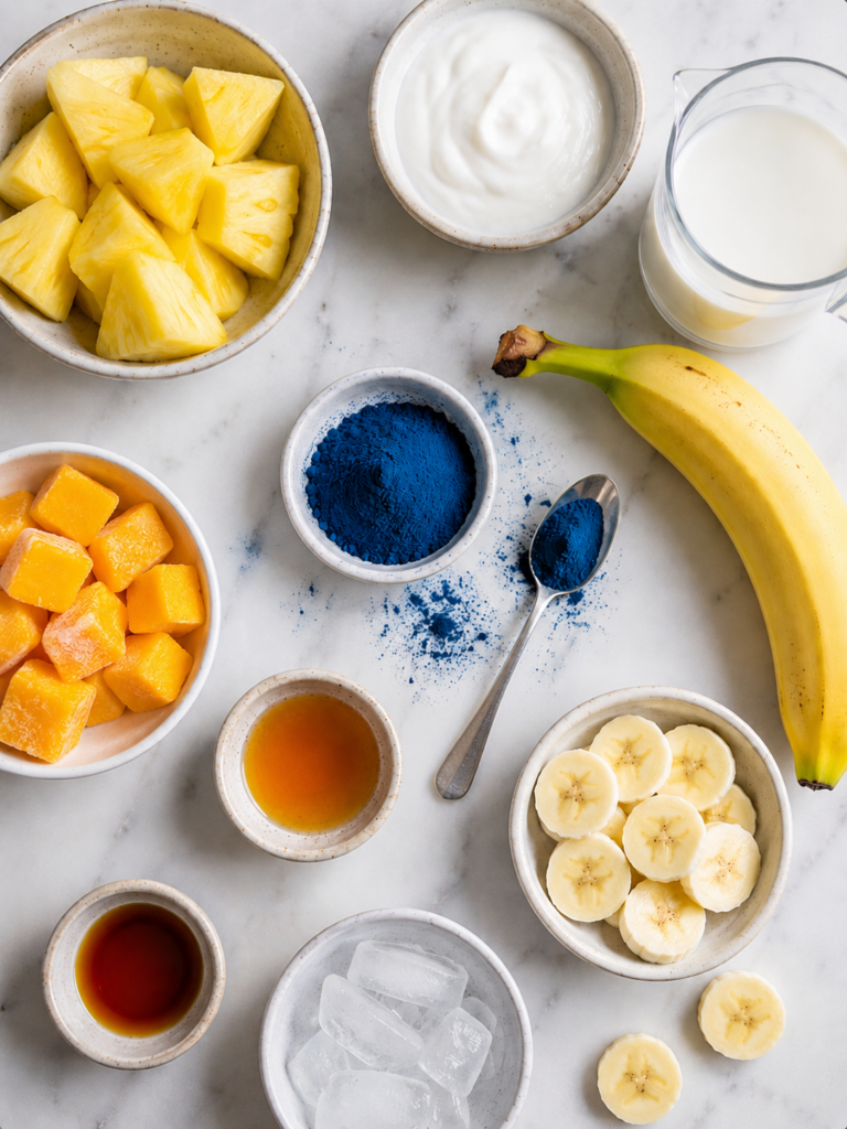 Blue spirulina smoothie ingredients including banana, pineapple, mango, yogurt, milk, and blue spirulina powder