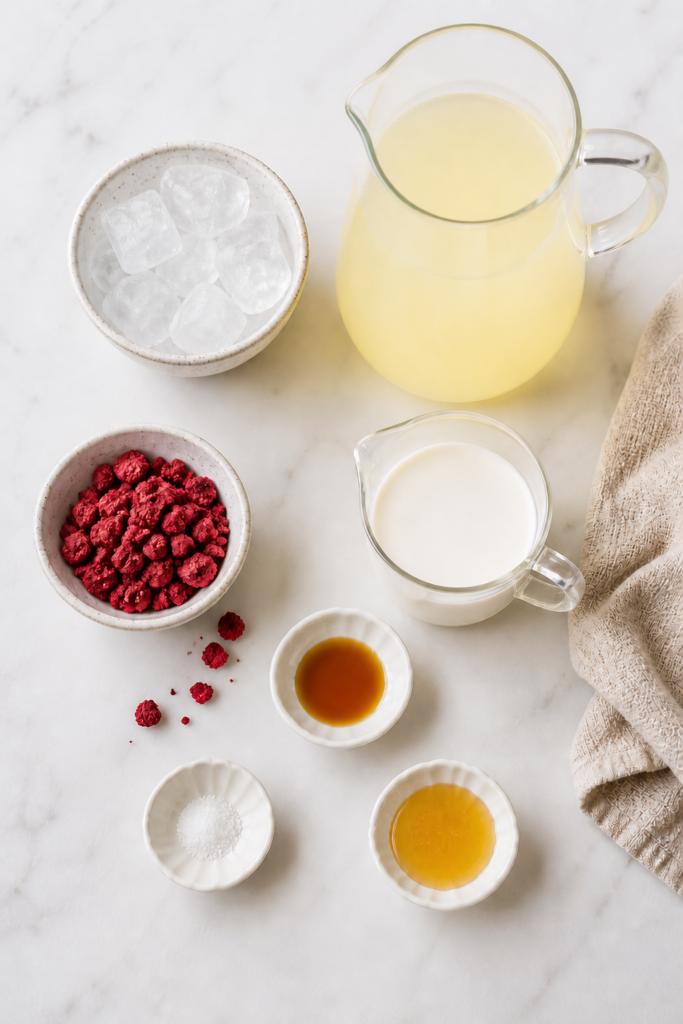 cherry lemonade ingredients on marble countertop