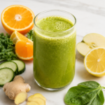 glass of fresh citrus ginger green juice with fresh ingredients: ginger, oranges, lemon, spinach, and cucumber