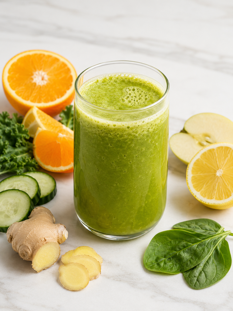 glass of fresh citrus ginger green juice with fresh ingredients: ginger, oranges, lemon, spinach, and cucumber