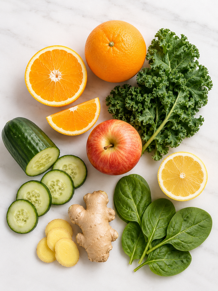 citrus ginger green juice ingredients on marble countertop