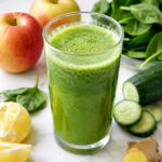 glass of fresh green juice surrounded by simple classic ingredients