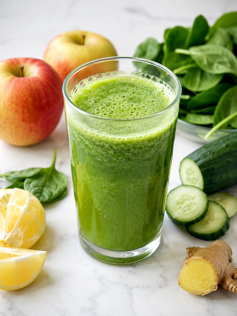 glass of fresh green juice surrounded by simple classic ingredients