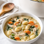 Bowl of copycat Olive Garden chicken and gnocchi soup with shredded chicken, potato gnocchi, carrots, celery, and spinach on a light marble countertop.