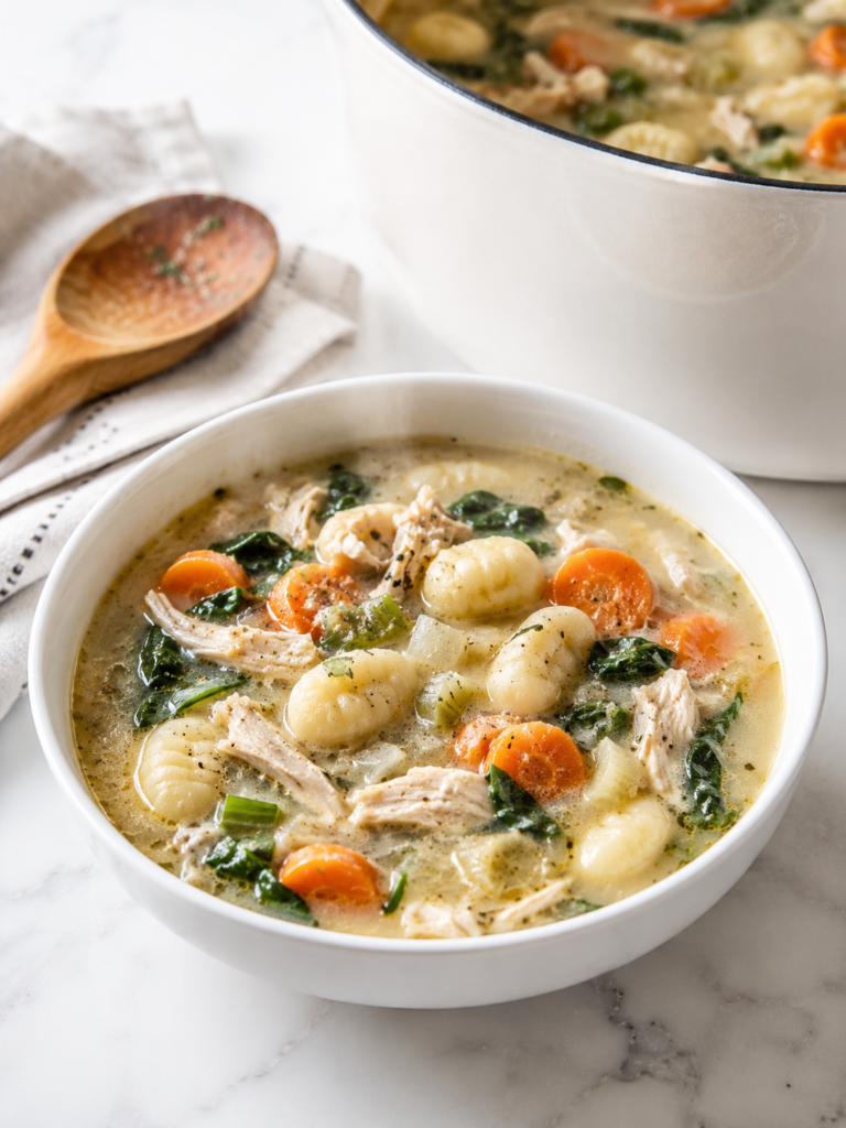 Bowl of copycat Olive Garden chicken and gnocchi soup with shredded chicken, potato gnocchi, carrots, celery, and spinach on a light marble countertop.
