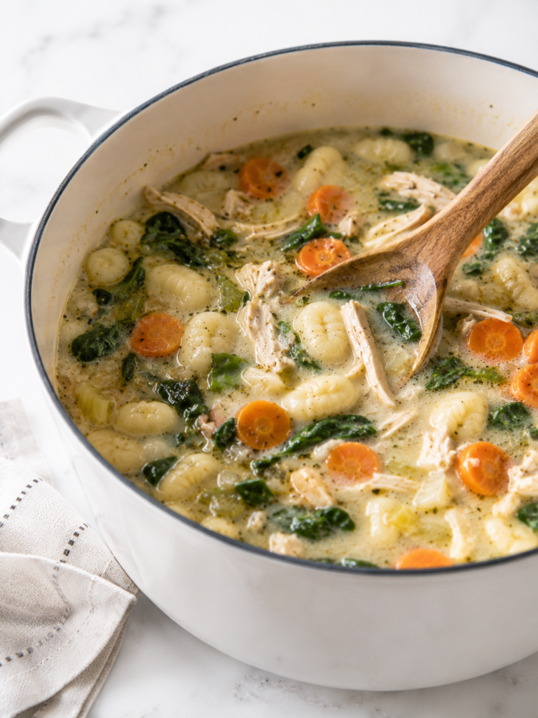 Creamy copycat Olive Garden chicken and gnocchi soup simmering in a white Dutch oven with shredded chicken, gnocchi, carrots, celery, and spinach.