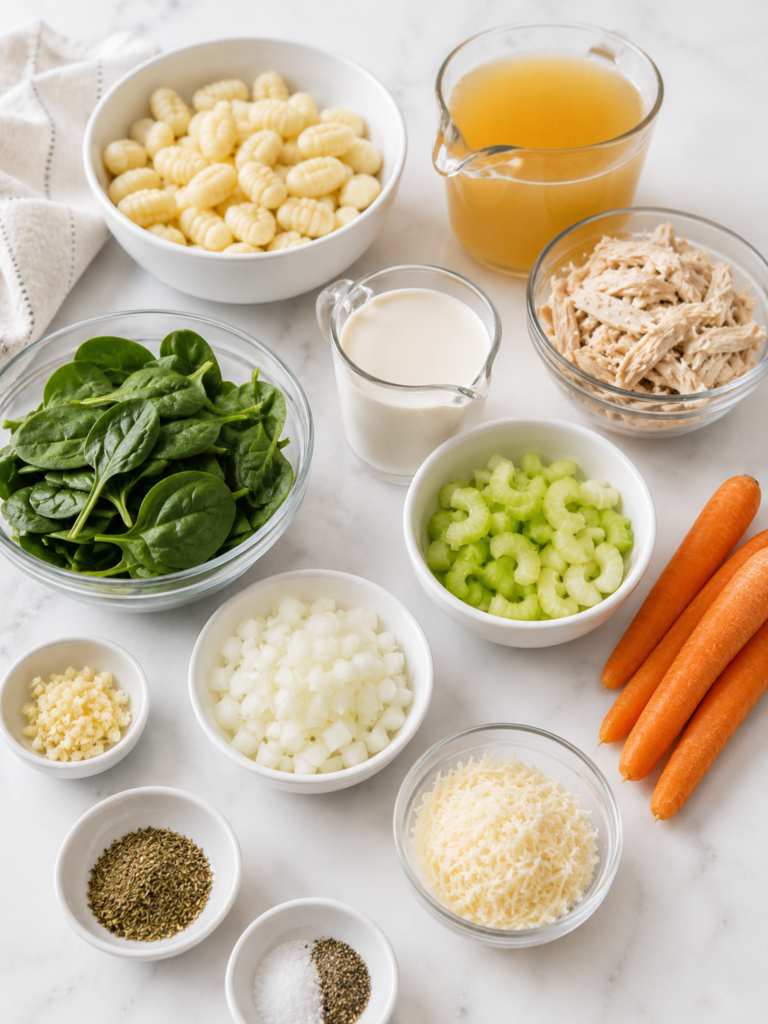 Ingredients for copycat Olive Garden chicken and gnocchi soup, including potato gnocchi, shredded chicken, carrots, celery, spinach, broth, cream, and seasonings.