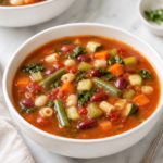 copycat Olive Garden minestrone soup in a white bowl with tomato broth, vegetables, beans, and pasta