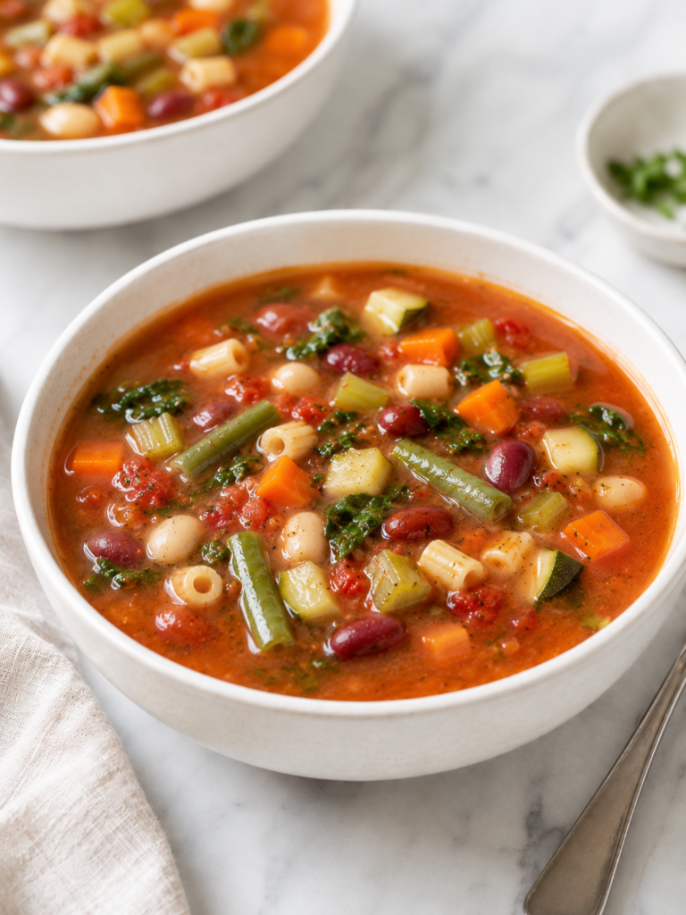 copycat Olive Garden minestrone soup in a white bowl with tomato broth, vegetables, beans, and pasta