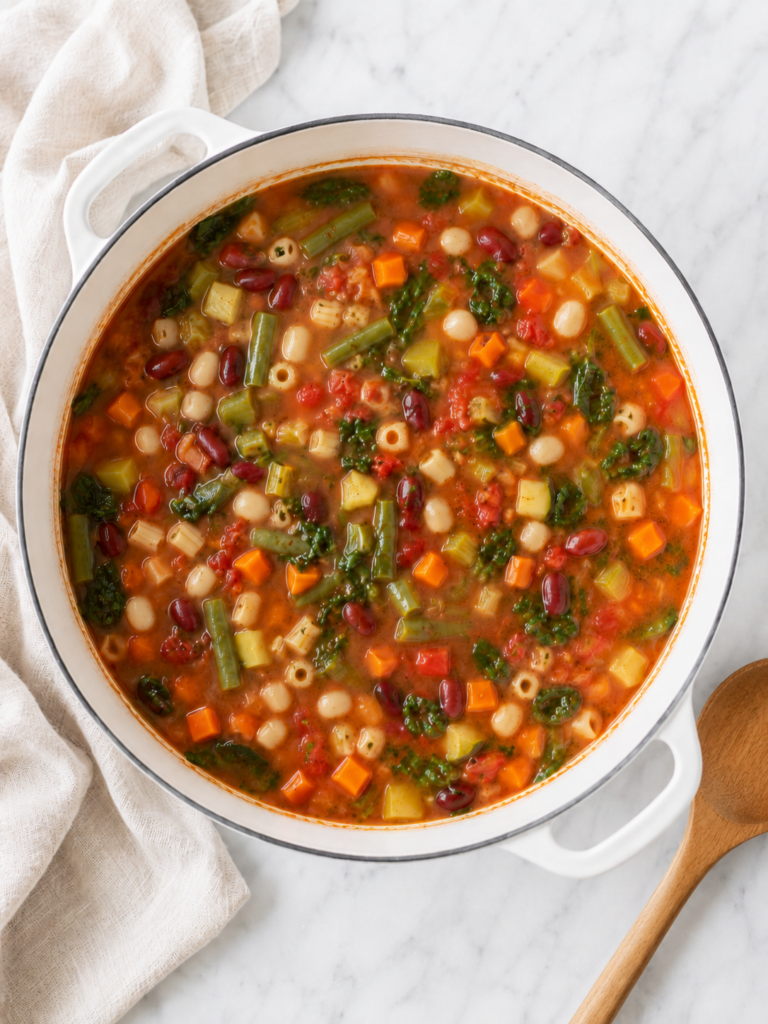 copycat Olive Garden minestrone soup simmering in a white Dutch oven with a wooden spoon