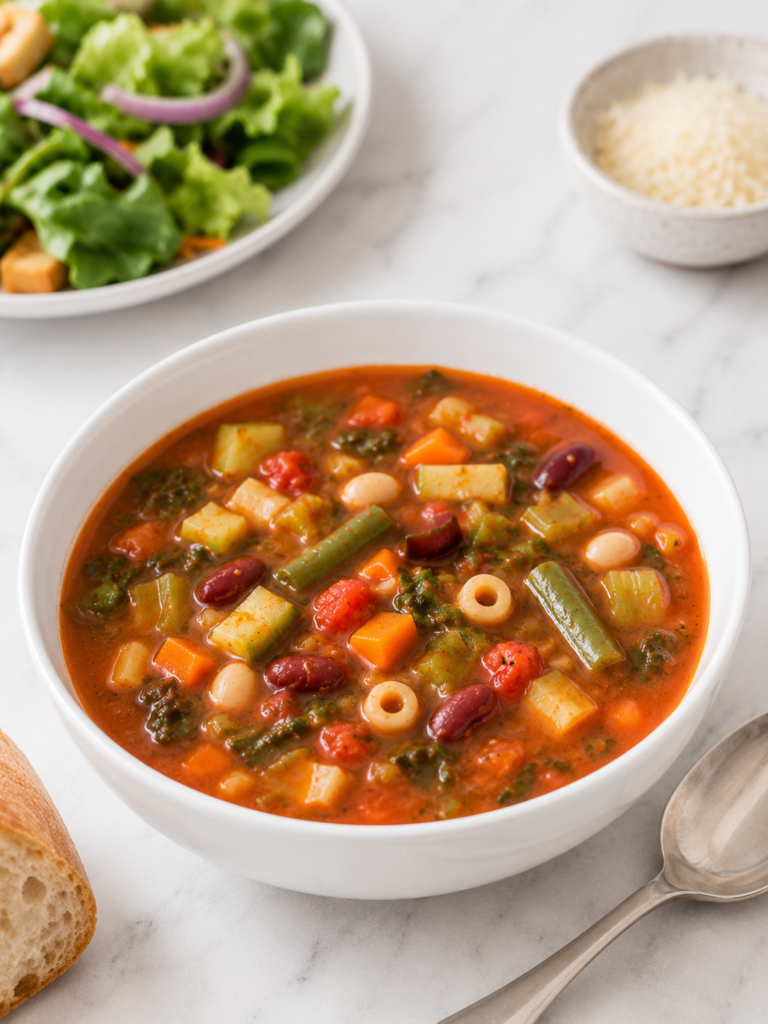 bowl of homemade Olive Garden-style minestrone soup served with bread, salad, parmesan, and a spoon