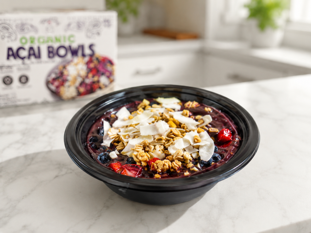 Prepared Costco acai bowl topped with granola, coconut flakes, strawberries, and blueberries on a light kitchen countertop.