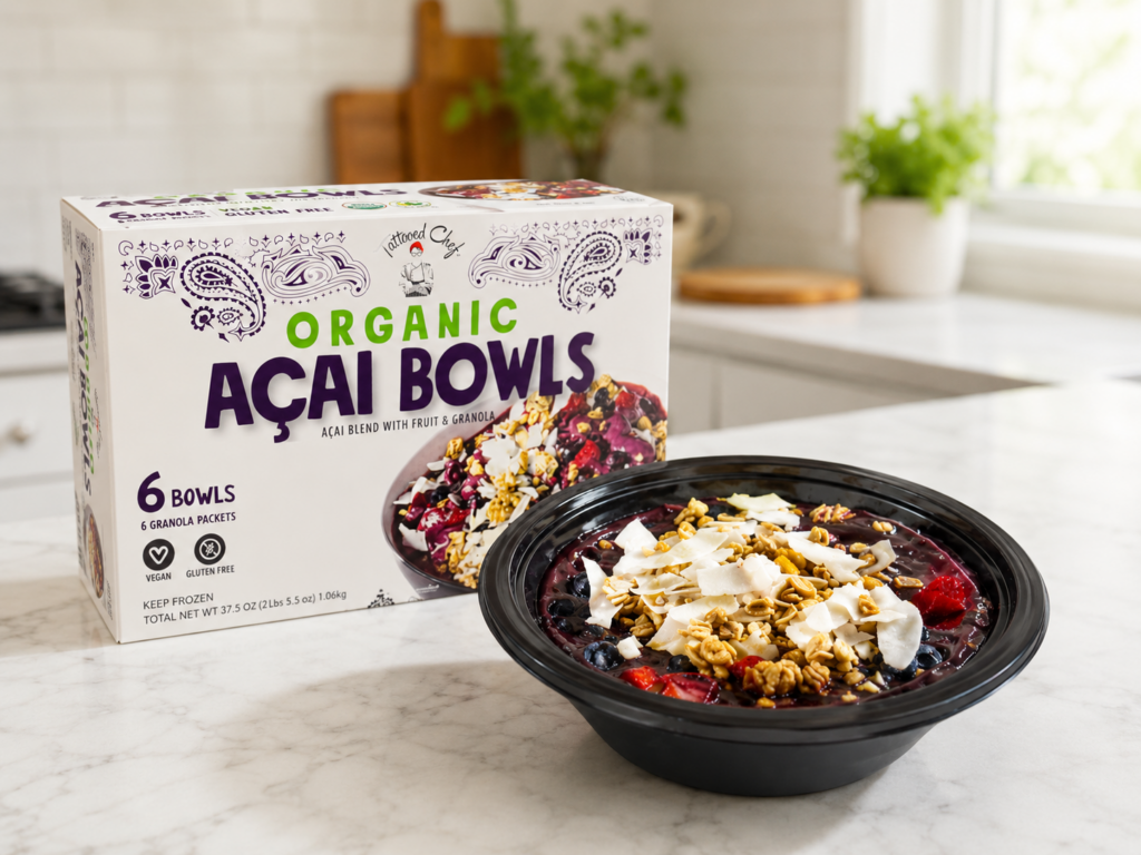 Costco acai bowl product with prepared acai bowl and Tattooed Chef Organic Acai Bowls packaging on a bright kitchen countertop.
