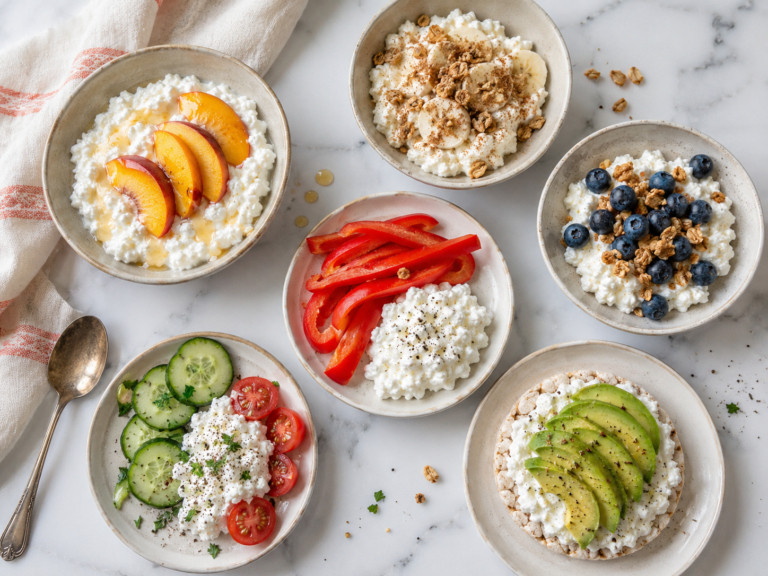 Overhead cottage cheese snack spread with peaches, bananas, blueberries, red peppers, cucumbers, tomatoes, and avocado rice cake on a marble countertop.