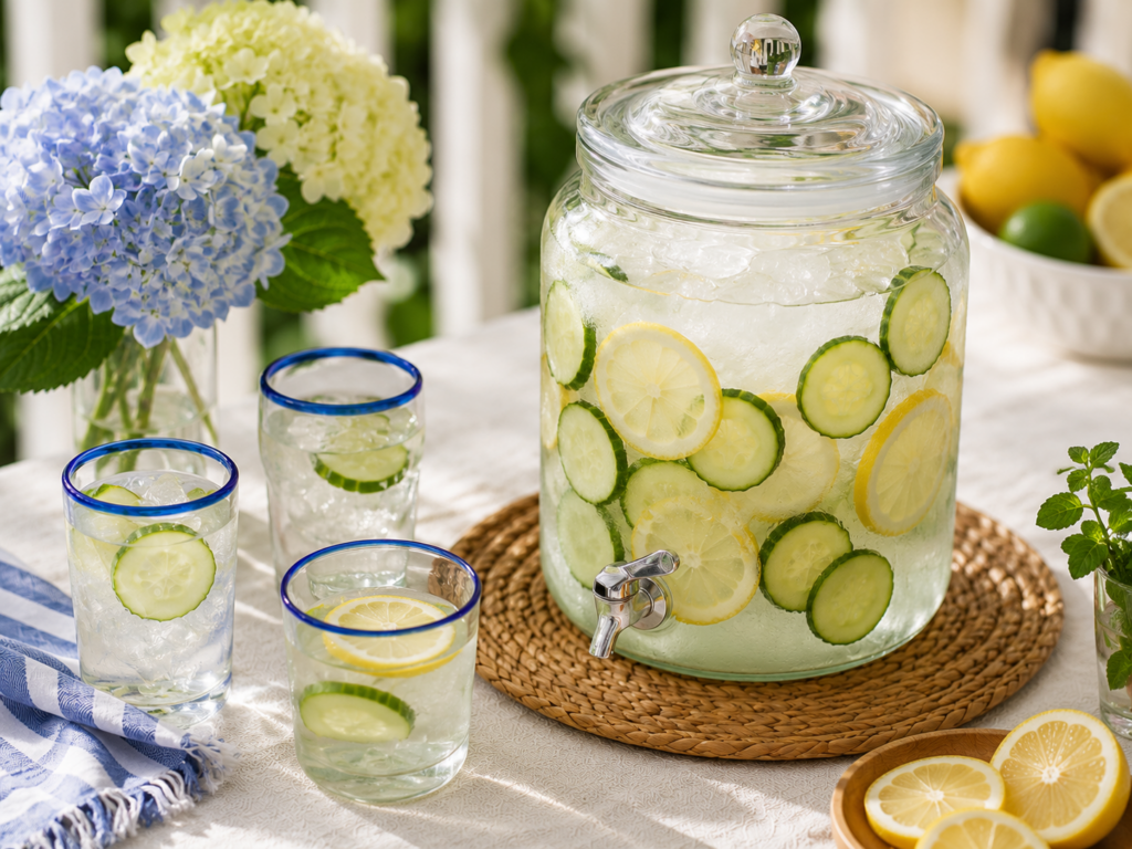 Glass beverage dispenser filled with cucumber lemon water and ice on a summer table with blue-rimmed glasses, hydrangeas, citrus, and a striped linen towel.
