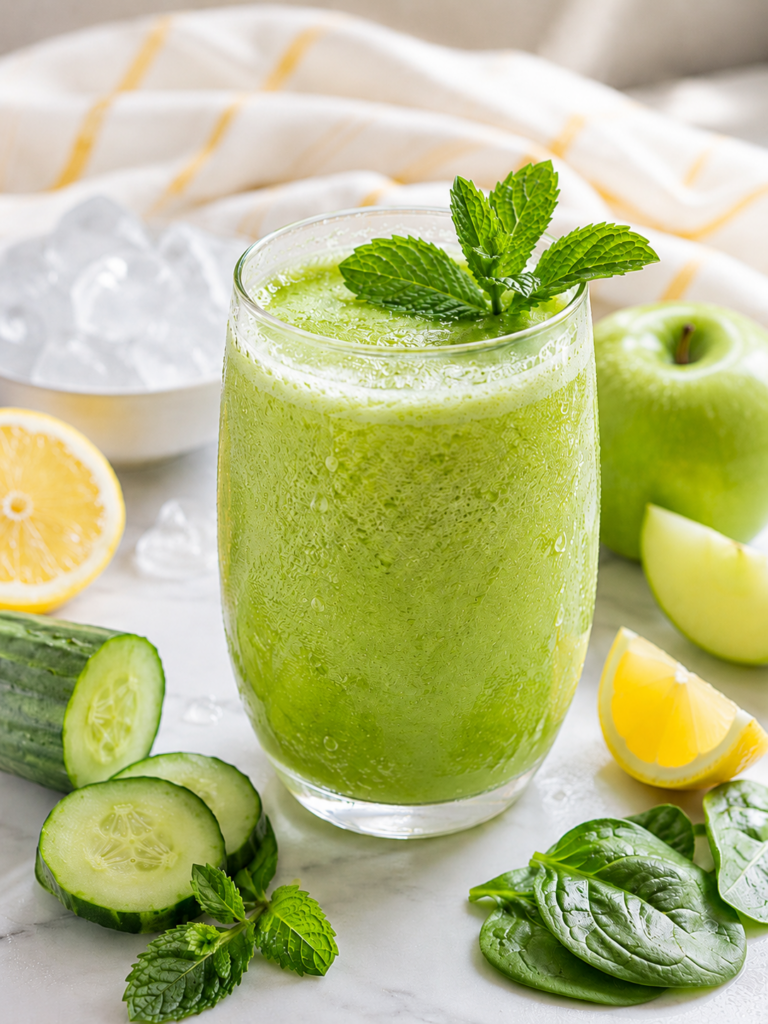 refreshing glass of fresh cucumber mint juice with mint garnish surrounded by recipe ingredients