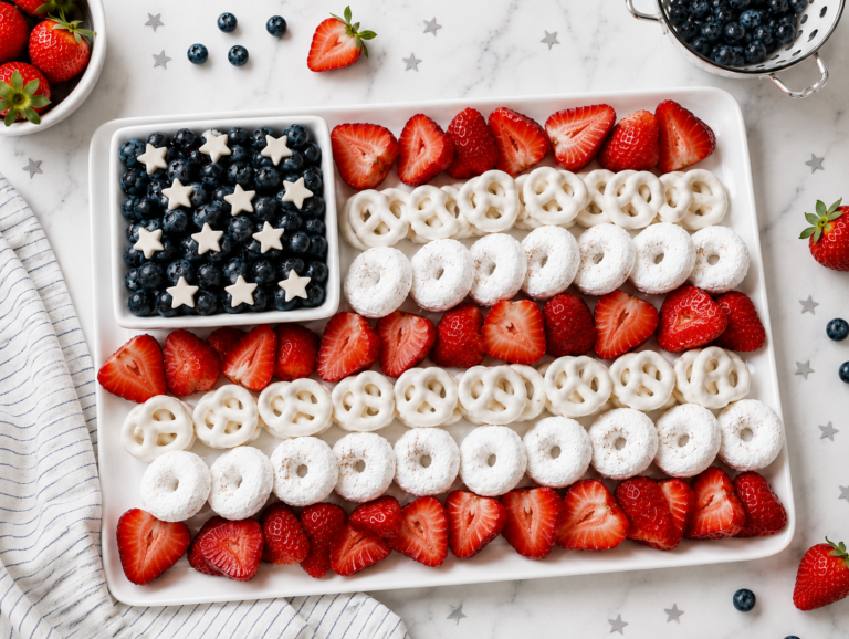 Easy 4th of July fruit plate arranged on a white rectangular serving tray with strawberries, blueberries, yogurt-covered pretzels, and powdered donuts styled like an American flag.