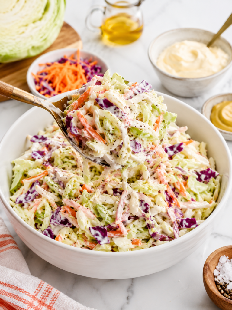 Easy coleslaw recipe with creamy homemade dressing tossed with cabbage, carrots, and purple cabbage in a white bowl.