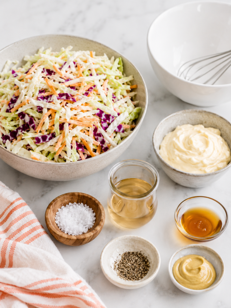 Ingredients for an easy coleslaw recipe with cabbage mix, mayonnaise, vinegar, Dijon mustard, honey, salt, and pepper.