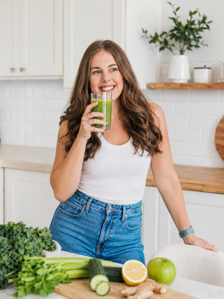 Woman casually drinking green juice in a bright kitchen with fresh produce on the counter.
