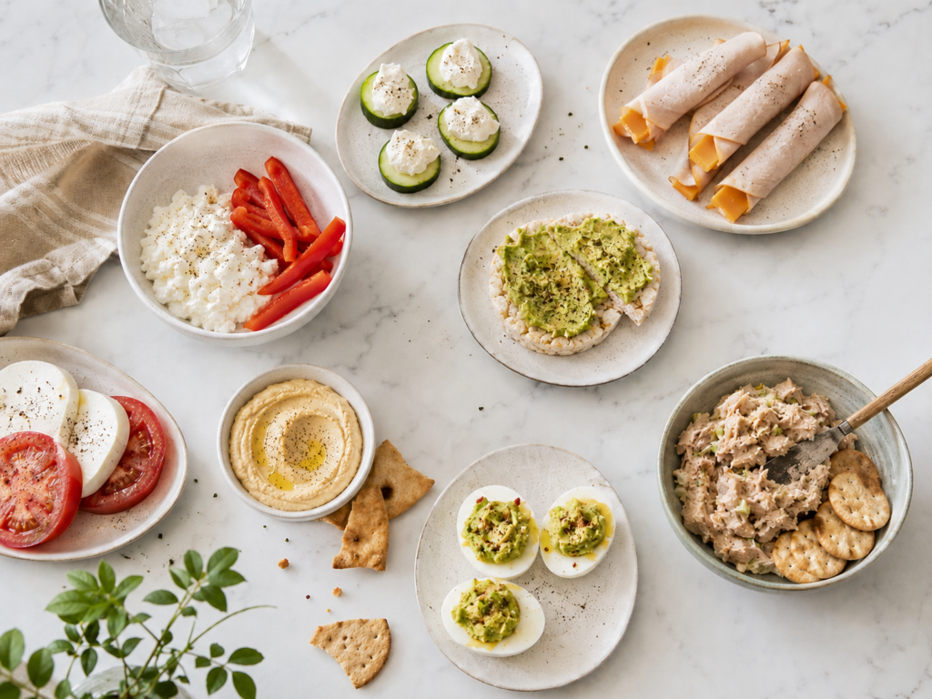 Overhead spread of 2 ingredient healthy savory snacks including bell peppers with cottage cheese, cucumber bites, turkey and cheese roll ups, avocado rice cakes, hummus with pita, tomato mozzarella, and tuna crackers.