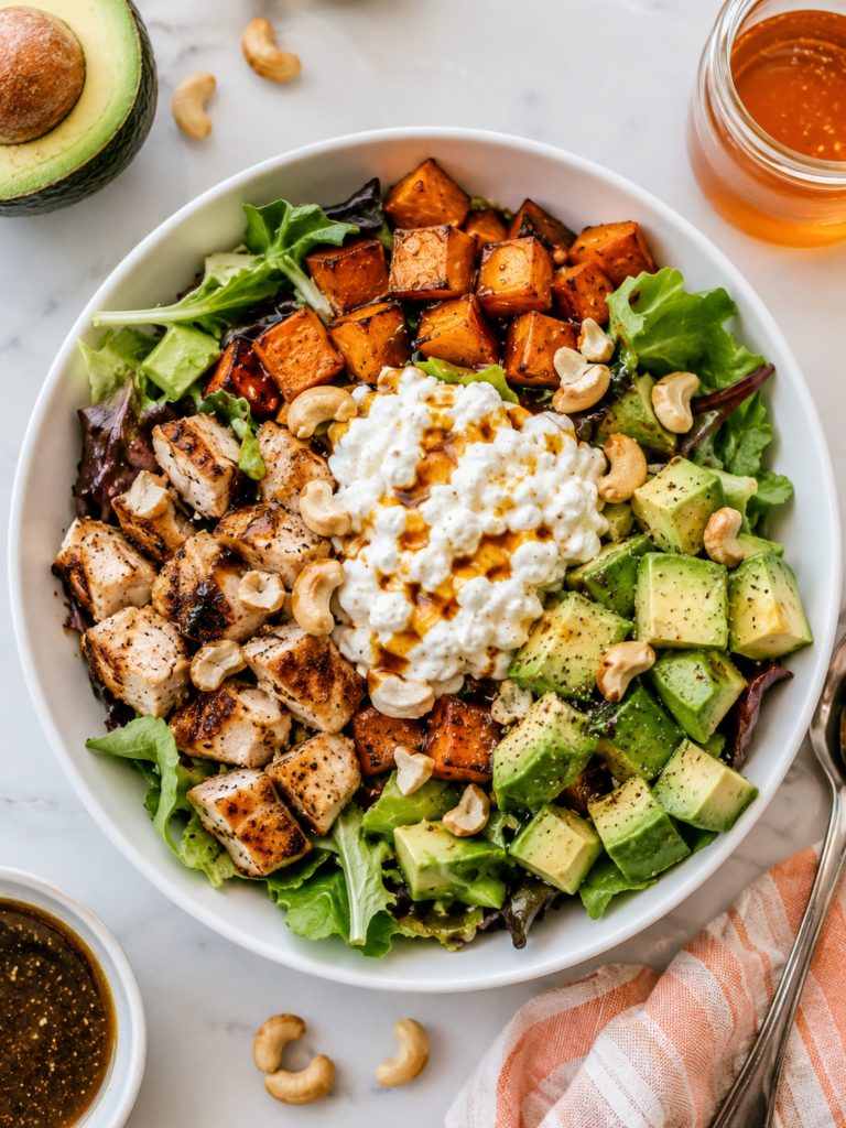 Hot honey cottage cheese bowl with chicken, roasted sweet potatoes, avocado, mixed greens, cashews, balsamic vinaigrette, and hot honey.