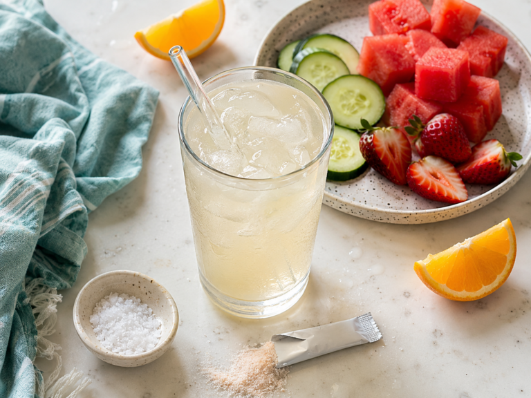 Icy electrolyte water with a glass straw beside watermelon, cucumber, strawberries, orange wedges, sea salt, and an opened electrolyte packet on a marble countertop.