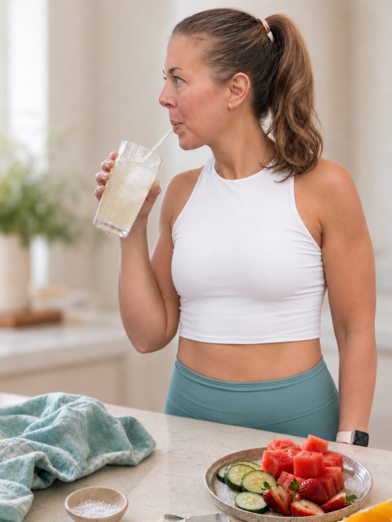 Woman in a white workout top and teal leggings sipping icy electrolyte water at a kitchen counter with watermelon, cucumber, strawberries, orange, sea salt, and an electrolyte packet.