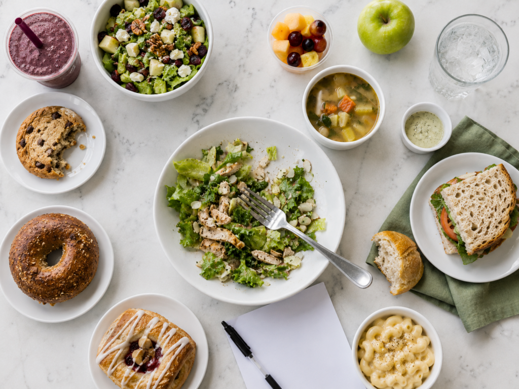 Overhead photo of a Panera-style café food spread with salad, soup, sandwich, pastry, bagel, smoothie, fruit, and water on a light marble counter.
