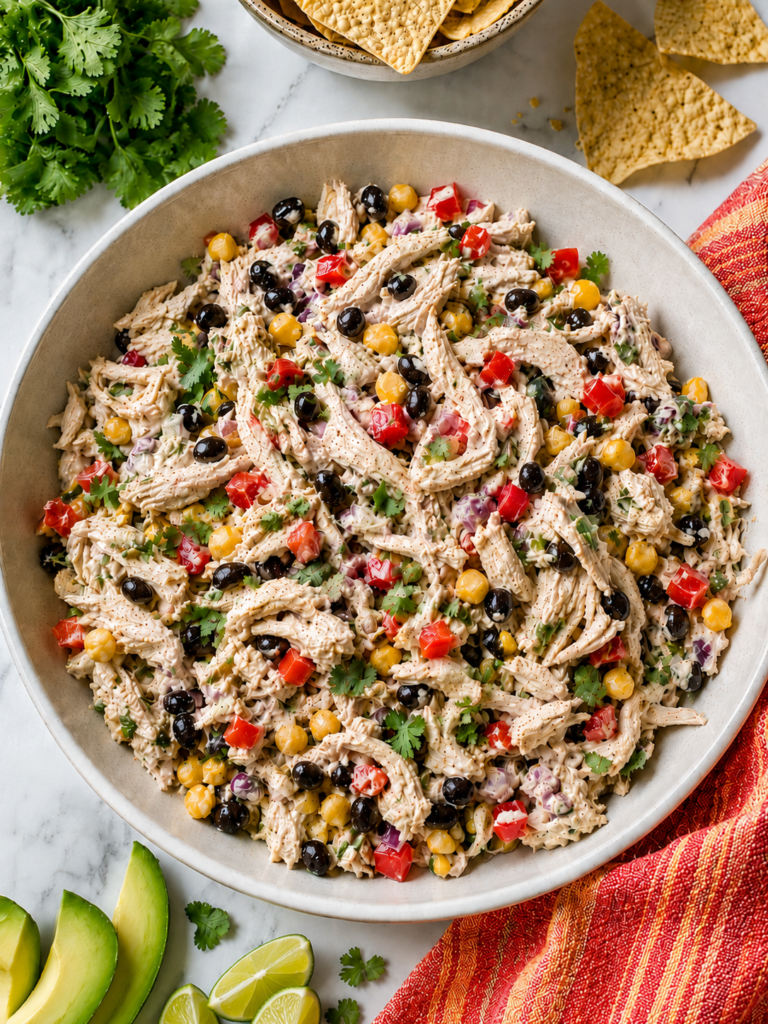 Mexican chicken salad with cottage cheese dressing, black beans, corn, red bell pepper, and cilantro in a white bowl with avocado and tortilla chips.