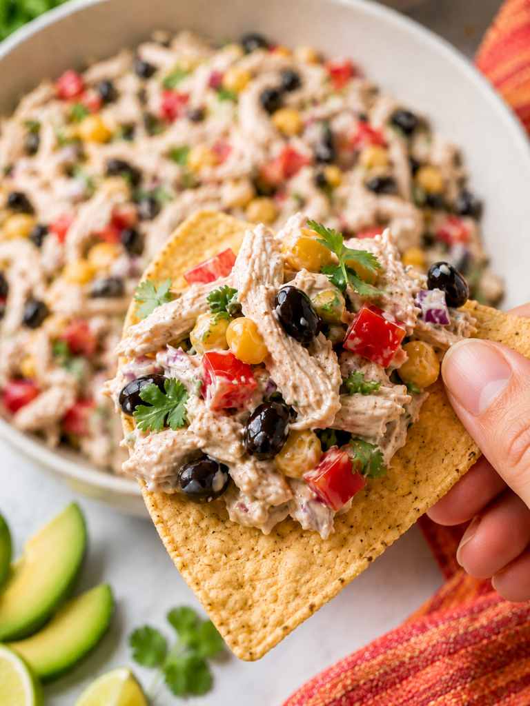 Tortilla chip topped with Mexican chicken salad, black beans, corn, red bell pepper, cilantro, and cottage cheese dressing with the salad bowl blurred in the background.