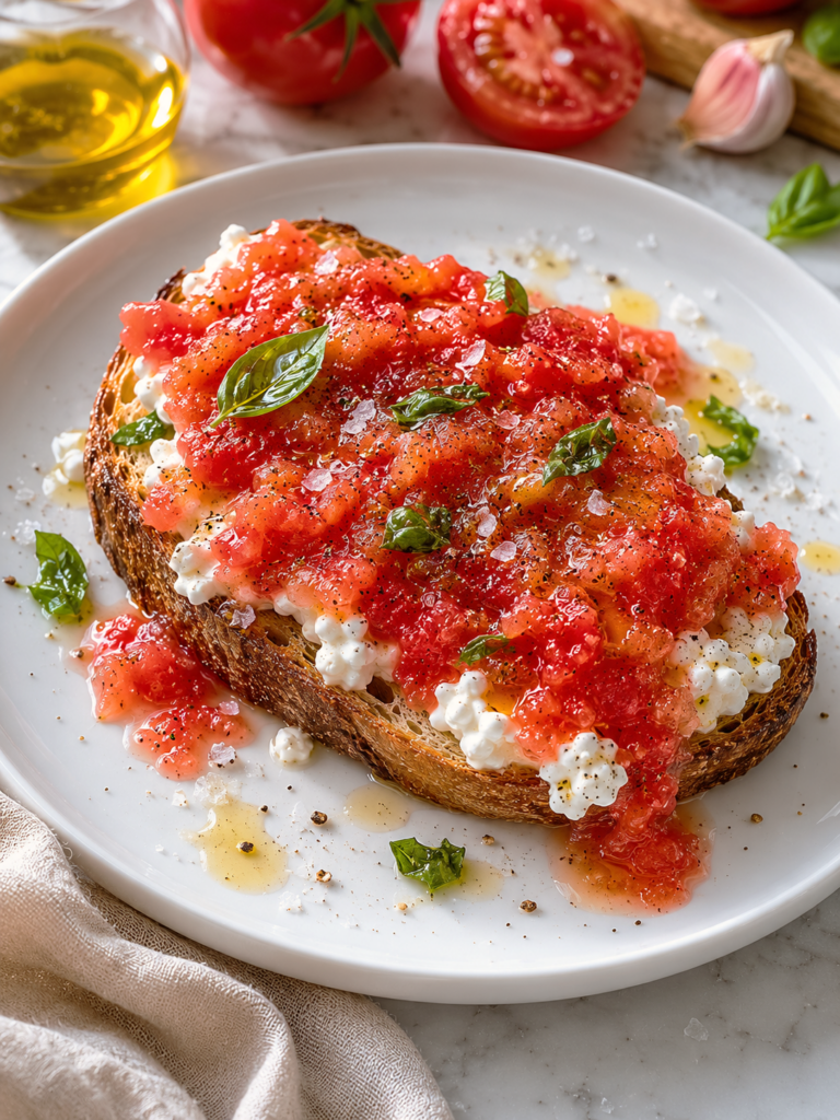 Close-up of pan con tomate with cottage cheese on toasted sourdough topped with grated tomatoes, olive oil, flaky sea salt, black pepper, and fresh basil.
