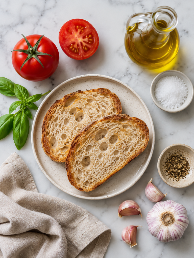 Overhead ingredient shot for pan con tomate with sourdough bread, ripe tomatoes, olive oil, garlic, basil, flaky sea salt, and black pepper on a marble countertop.  Select 74 more words to run Humanizer.