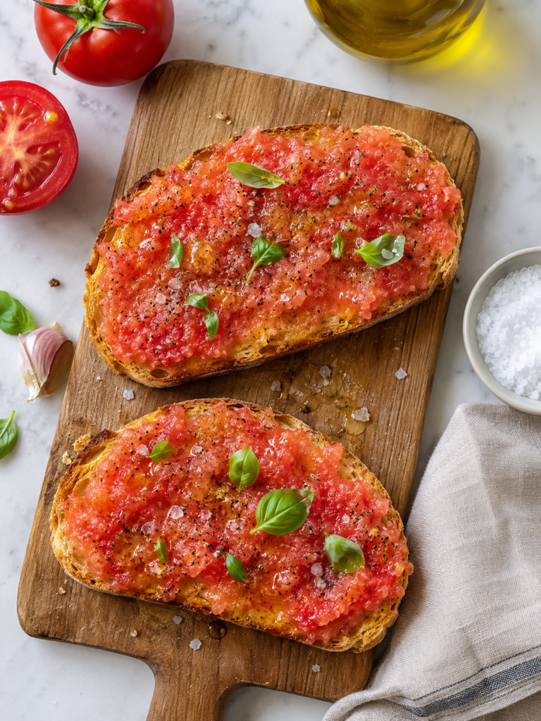 Overhead view of pan con tomate made with grated tomatoes on toasted sourdough bread with olive oil, flaky sea salt, black pepper, and fresh basil on a wooden cutting board.